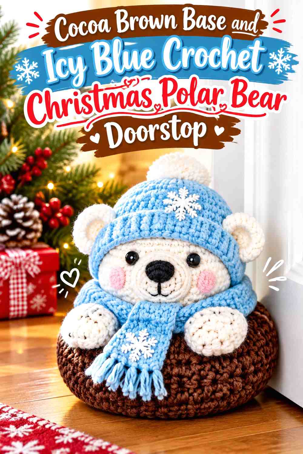 Cocoa Brown Base and Icy Blue Crochet Christmas Polar Bear Doorstop