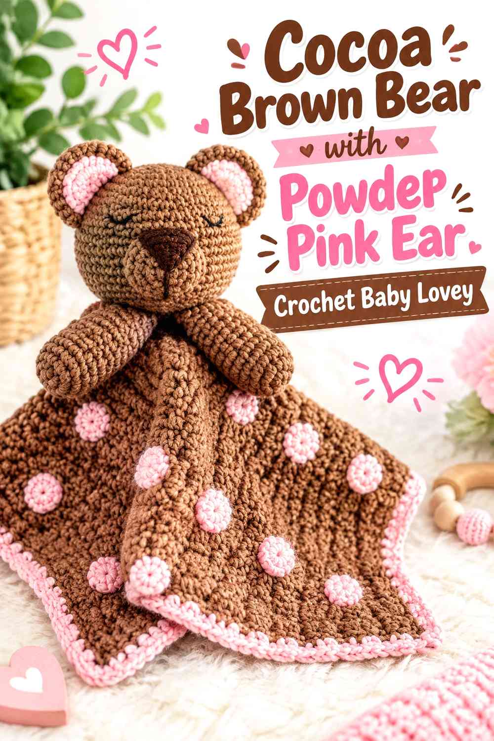 Cocoa Brown Bear with Powder Pink Ear Crochet Baby Lovey