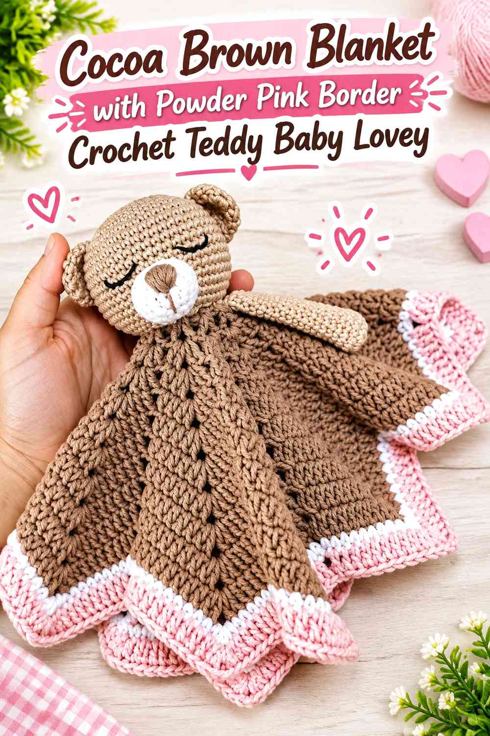 Cocoa Brown Blanket with Powder Pink Border Crochet Teddy Baby Lovey
