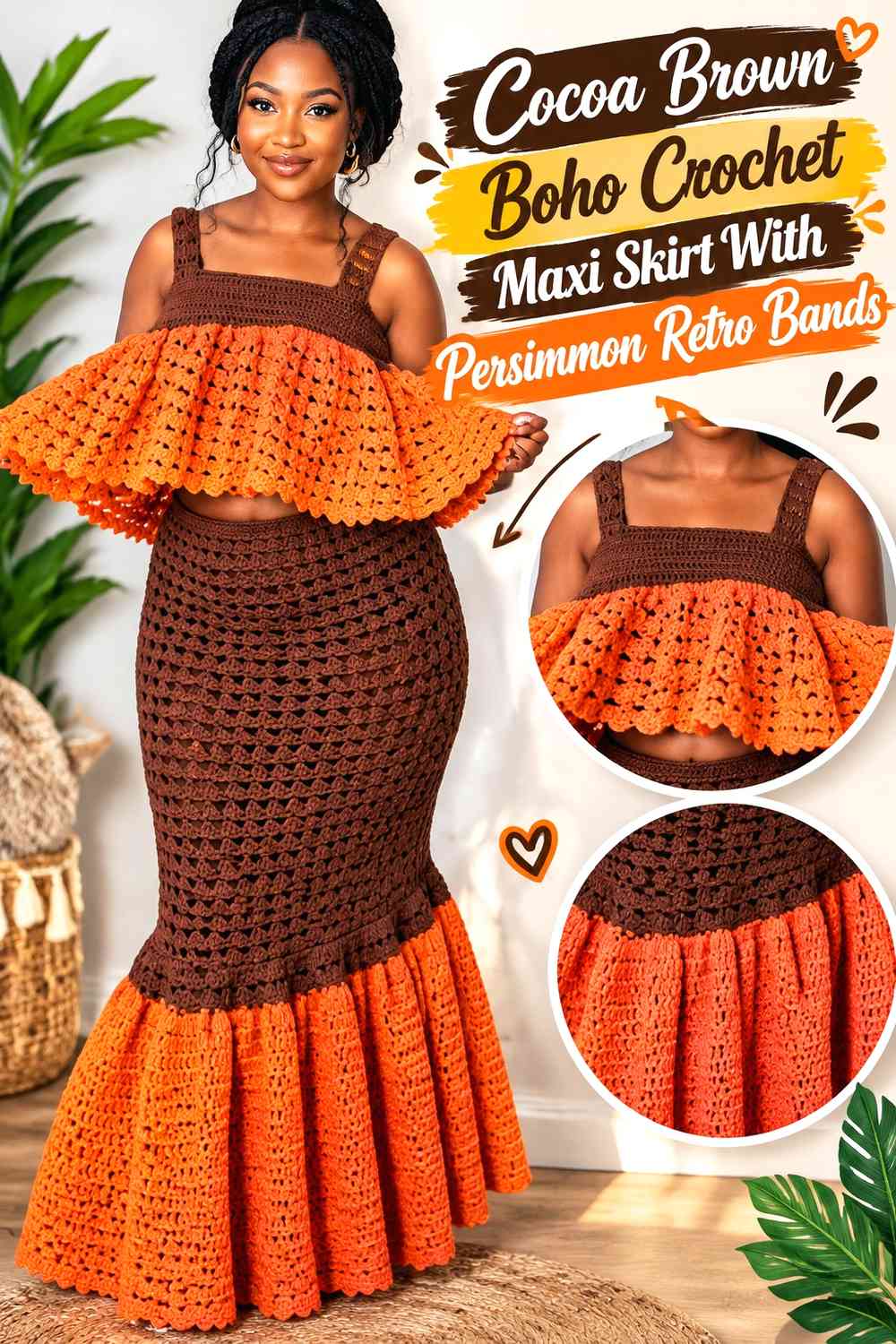 Cocoa Brown Boho Crochet Maxi Skirt With Persimmon Retro Bands