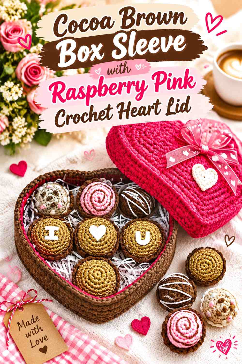Cocoa Brown Box Sleeve with Raspberry Pink Crochet Heart Lid