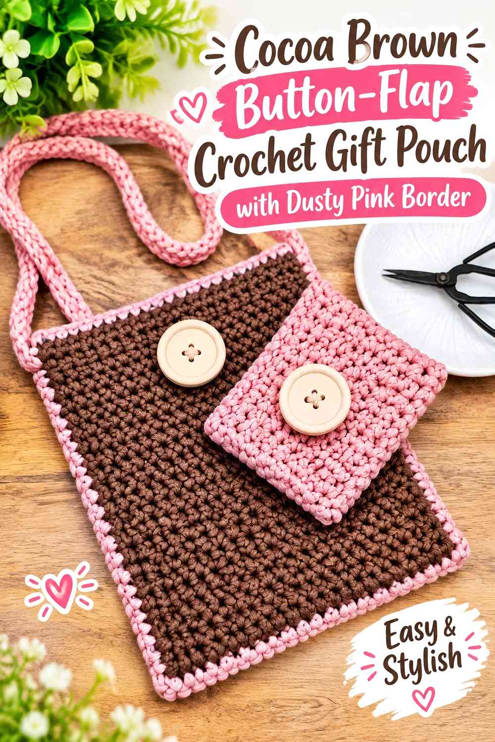 Cocoa Brown Button-Flap Crochet Gift Pouch with Dusty Pink Border