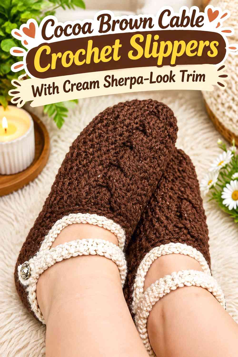 Cocoa Brown Cable Crochet Slippers With Cream Sherpa-Look Trim
