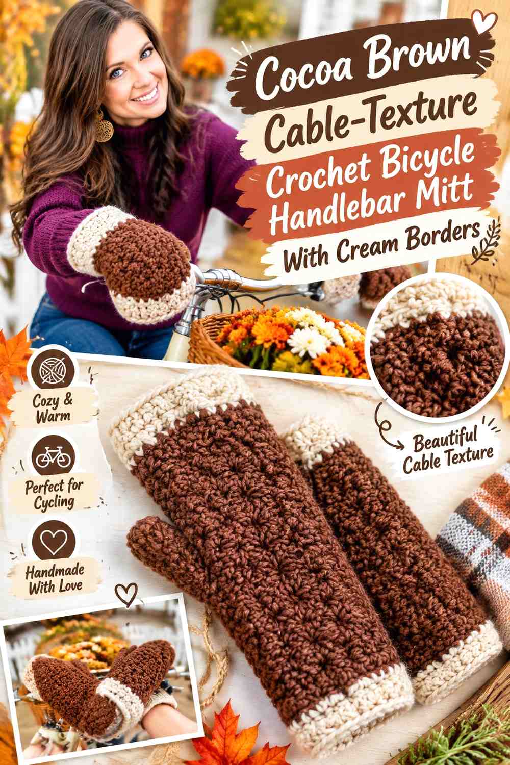 Cocoa Brown Cable-Texture Crochet Bicycle Handlebar Mitt With Cream Borders
