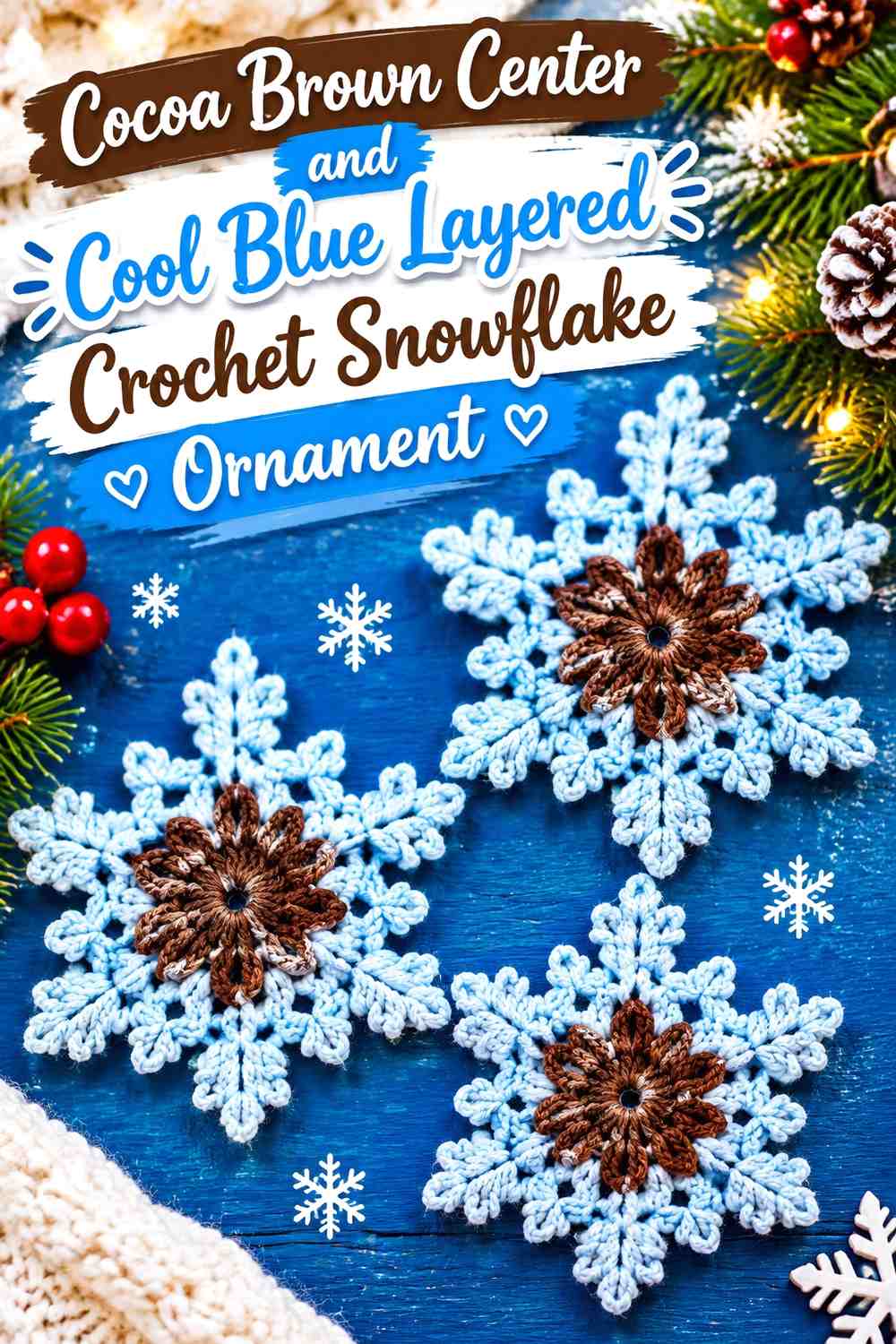 Cocoa Brown Center and Cool Blue Layered Crochet Snowflake Ornament