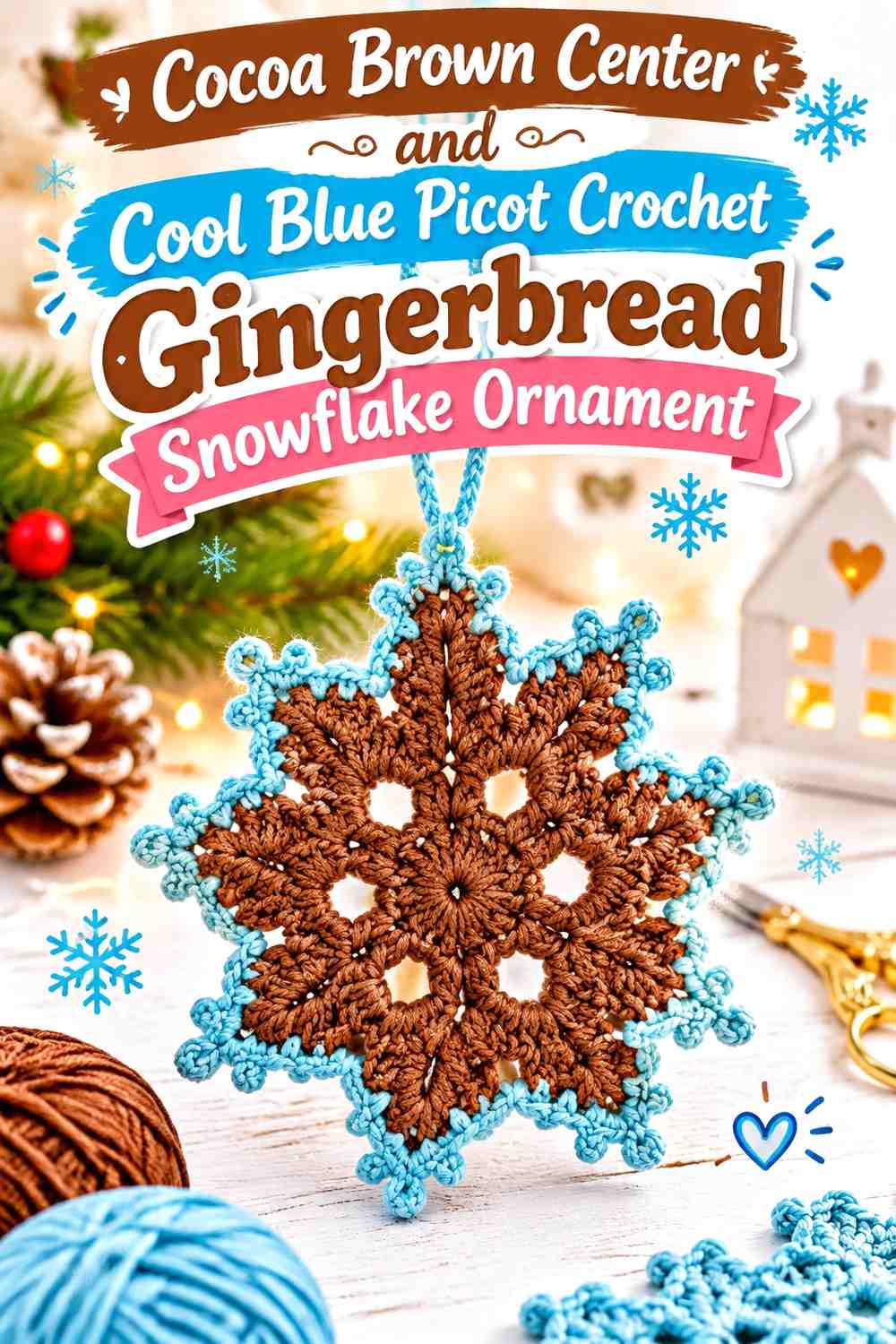 Cocoa Brown Center and Cool Blue Picot Crochet Gingerbread Snowflake Ornament