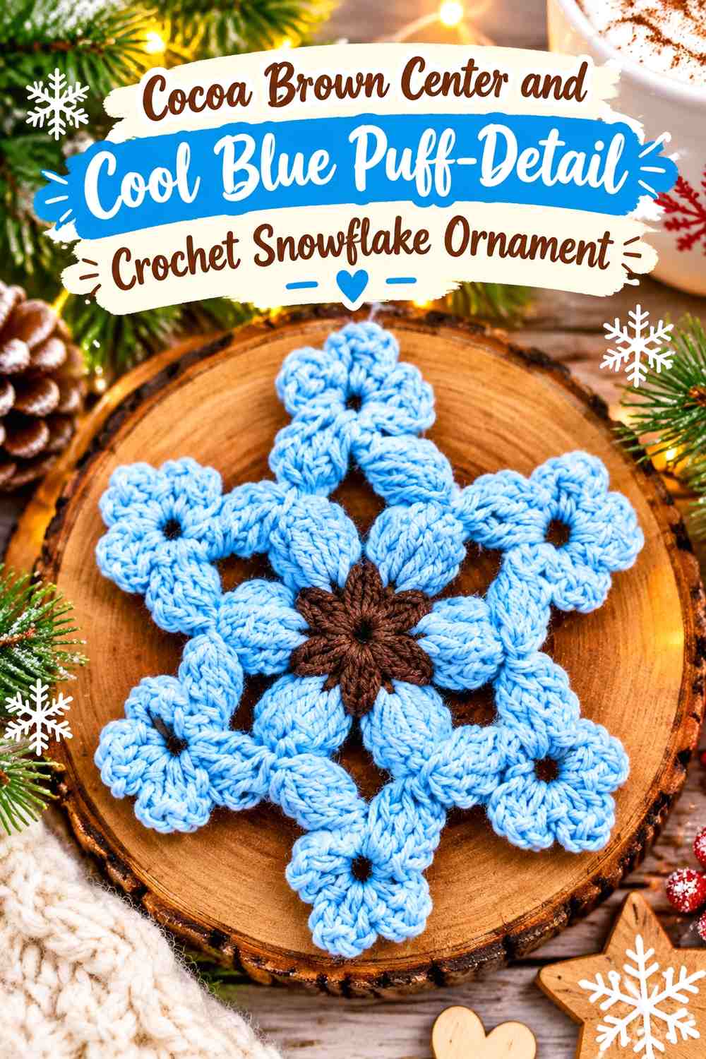 Cocoa Brown Center and Cool Blue Puff-Detail Crochet Snowflake Ornament