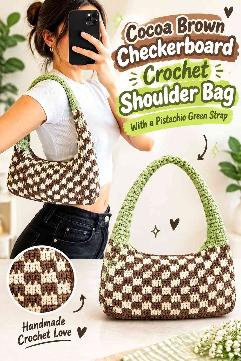 Cocoa Brown Checkerboard Crochet Shoulder Bag With a Pistachio Green Strap