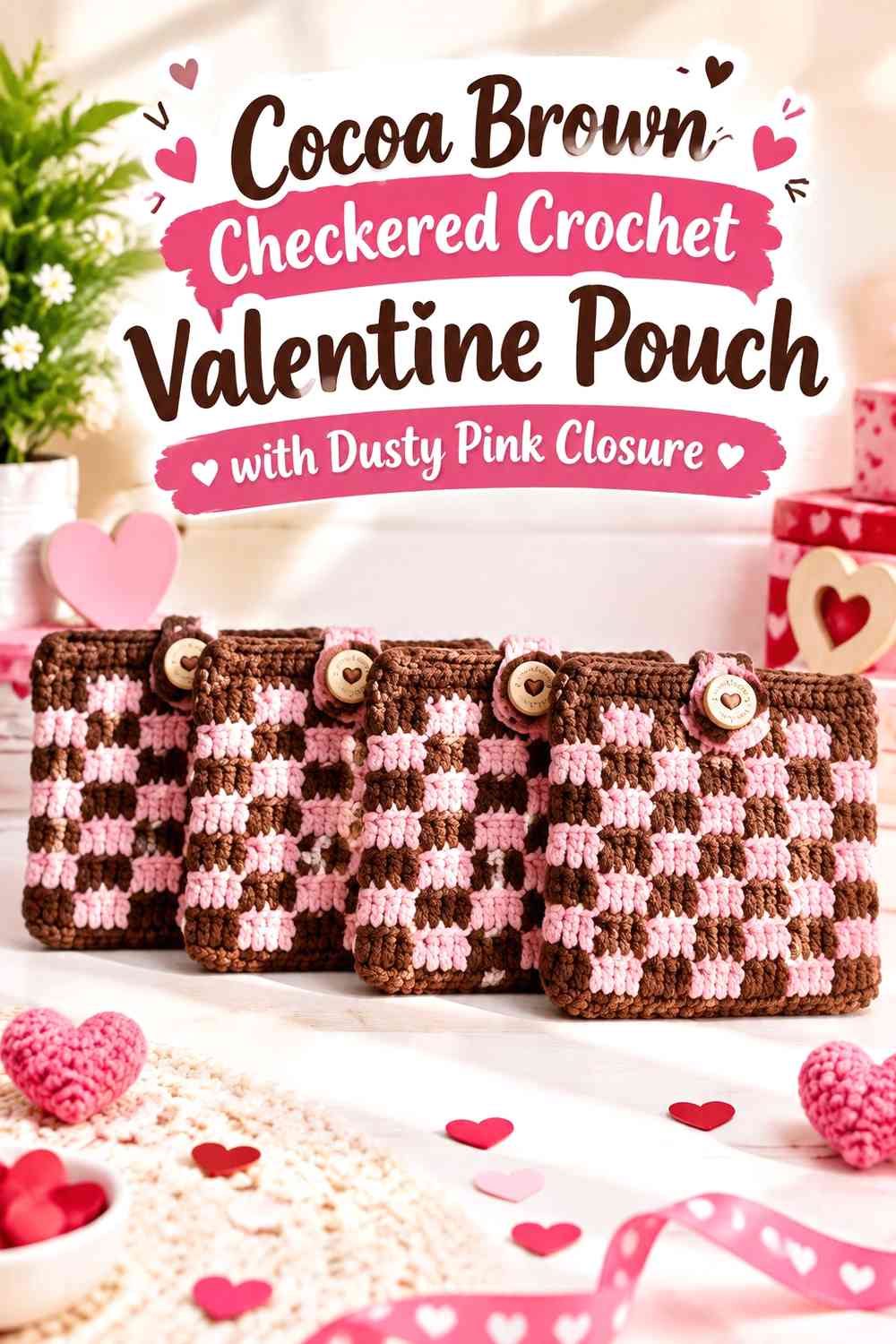 Cocoa Brown Checkered Crochet Valentine Pouch with Dusty Pink Closure