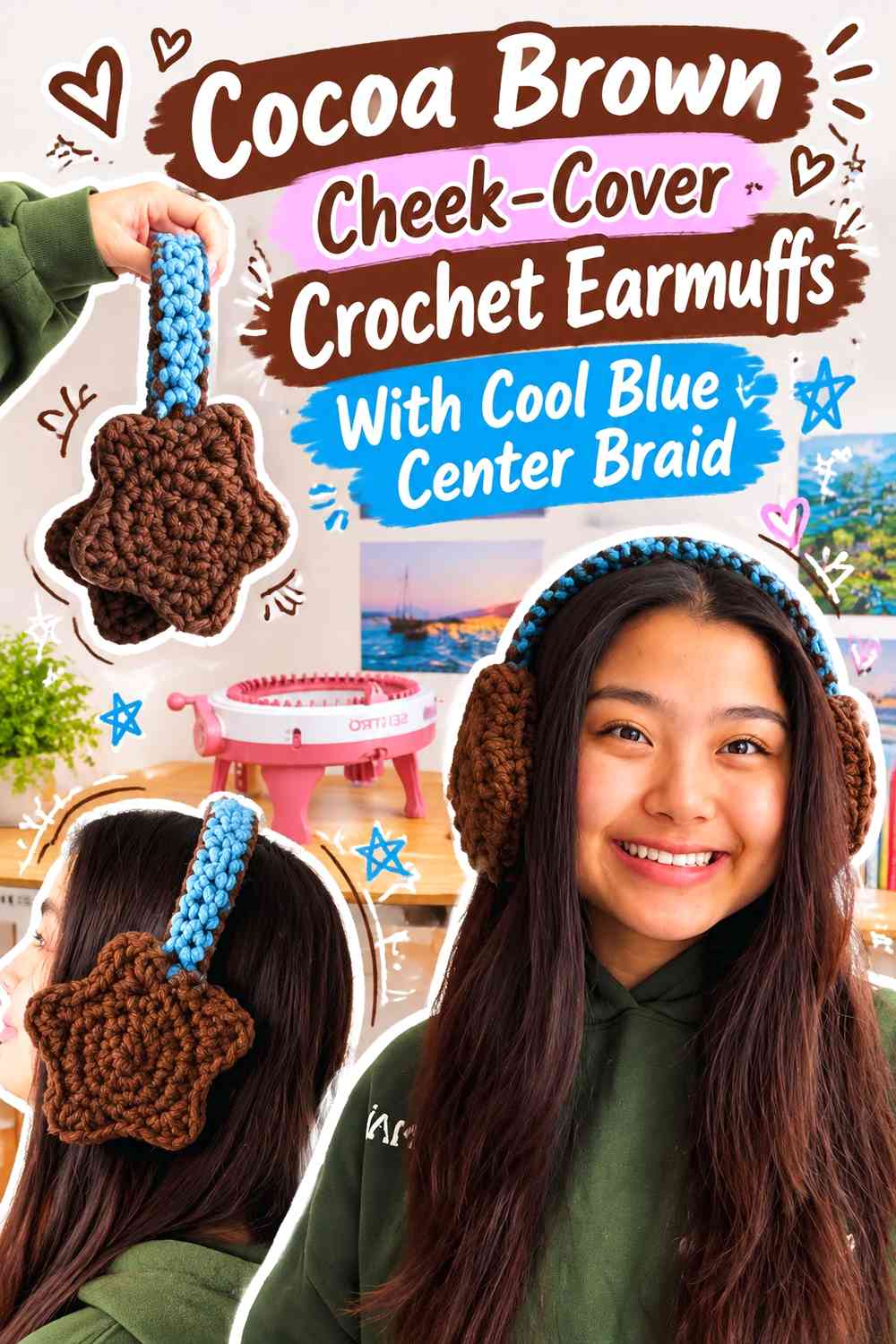 Cocoa Brown Cheek-Cover Crochet Earmuffs With Cool Blue Center Braid