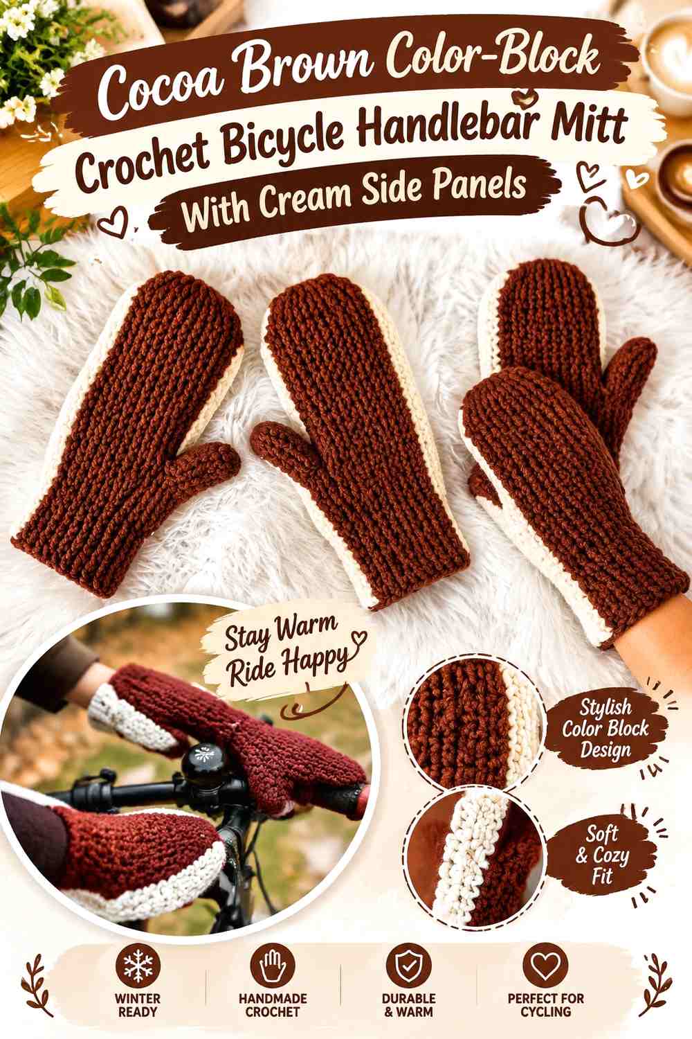 Cocoa Brown Color-Block Crochet Bicycle Handlebar Mitt With Cream Side Panels