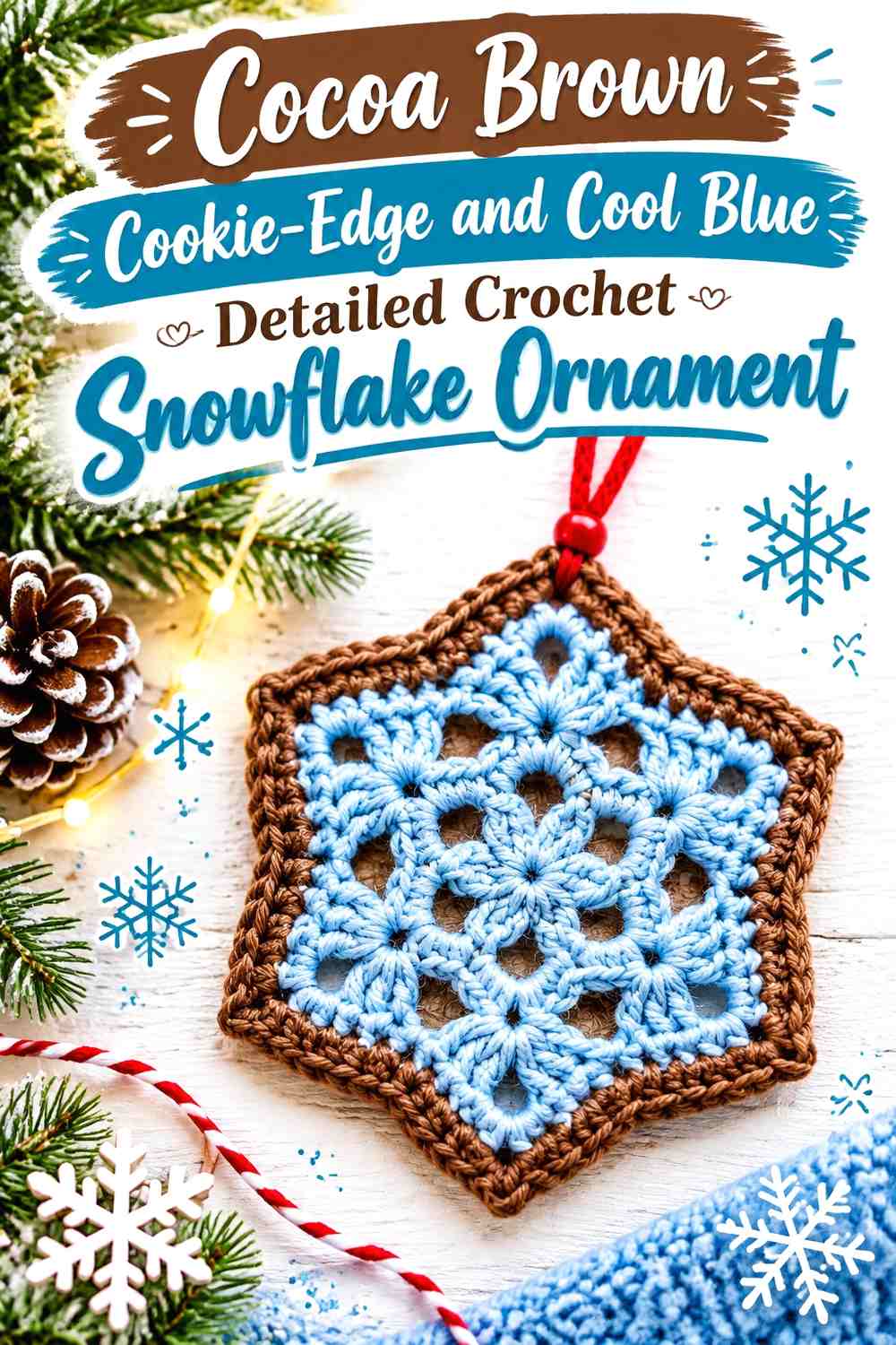 Cocoa Brown Cookie-Edge and Cool Blue Detailed Crochet Snowflake Ornament