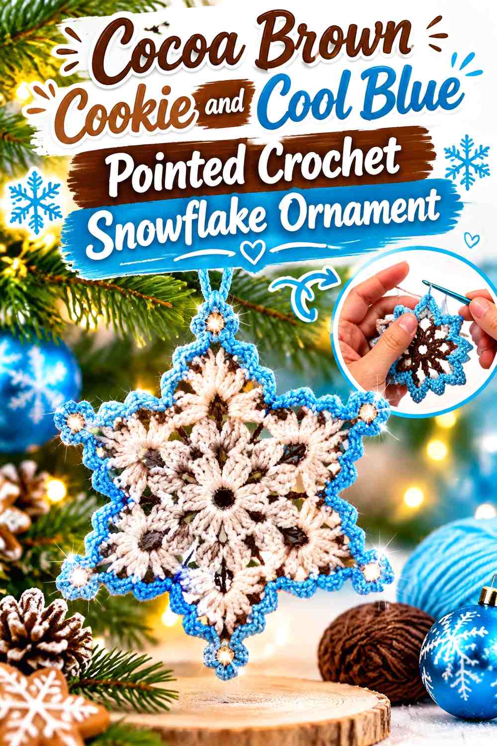 Cocoa Brown Cookie and Cool Blue Pointed Crochet Snowflake Ornament
