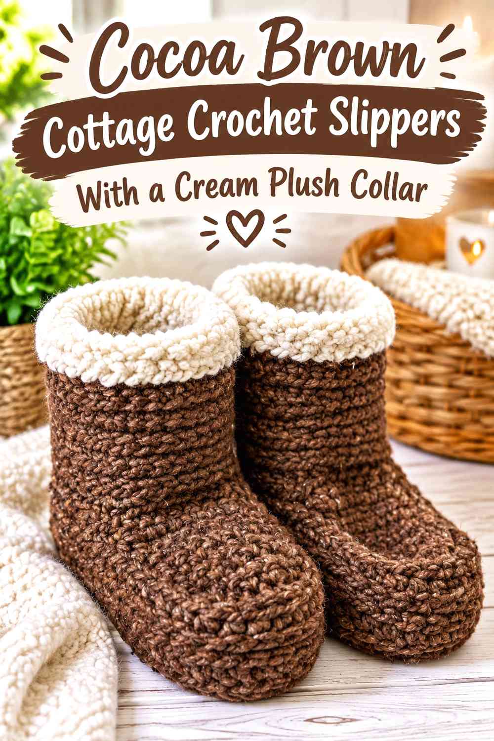Cocoa Brown Cottage Crochet Slippers With a Cream Plush Collar