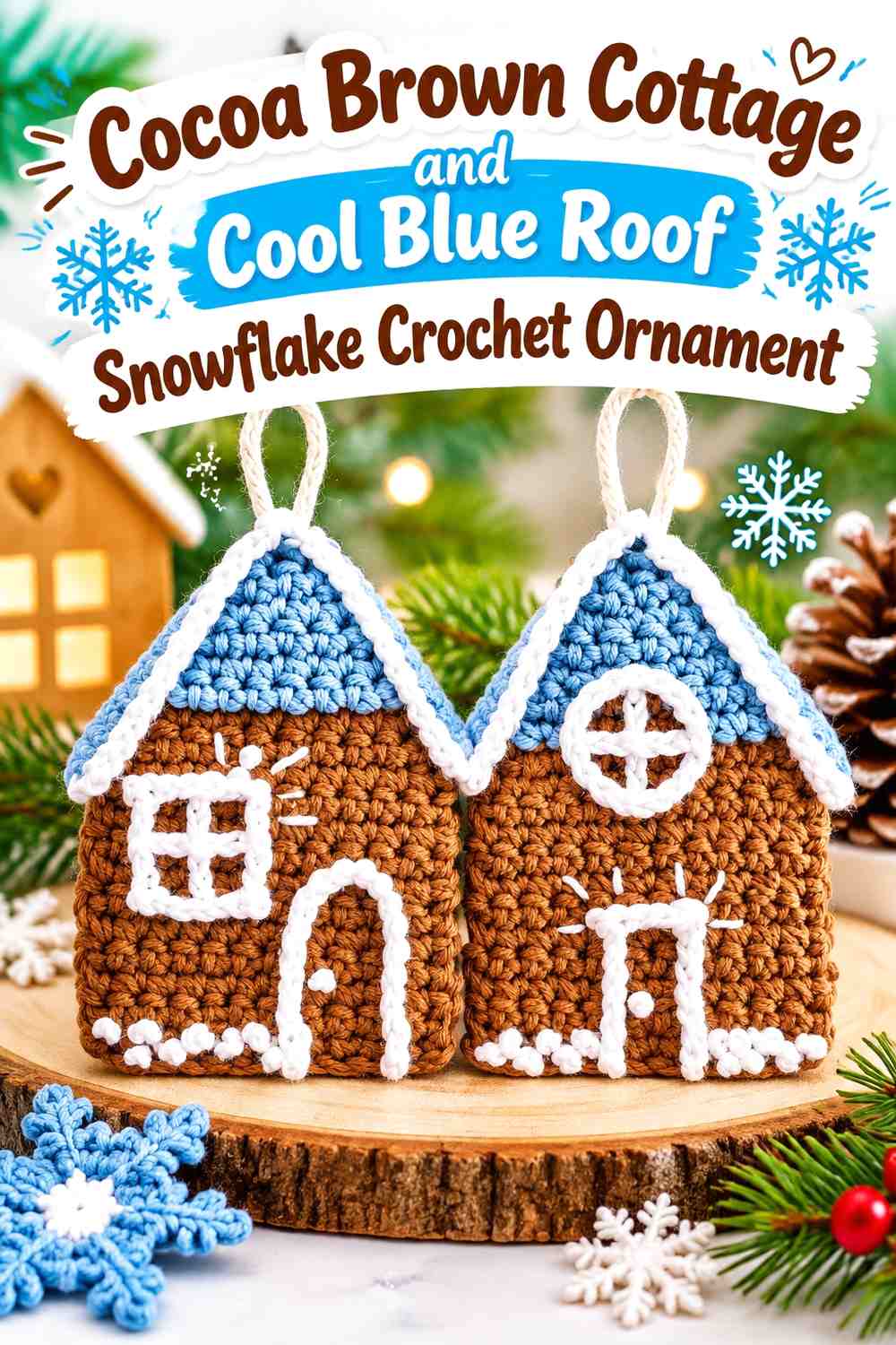 Cocoa Brown Cottage and Cool Blue Roof-Snowflake Crochet Ornament