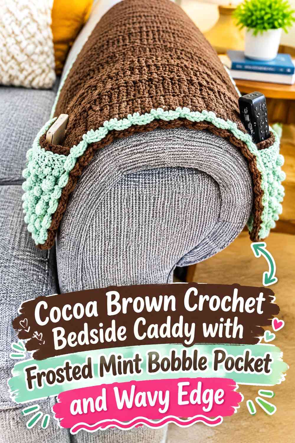 Cocoa Brown Crochet Bedside Caddy with Frosted Mint Bobble Pocket and Wavy Edge