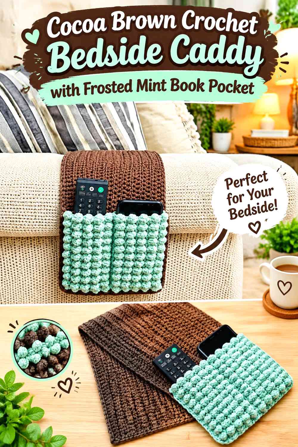 Cocoa Brown Crochet Bedside Caddy with Frosted Mint Book Pocket