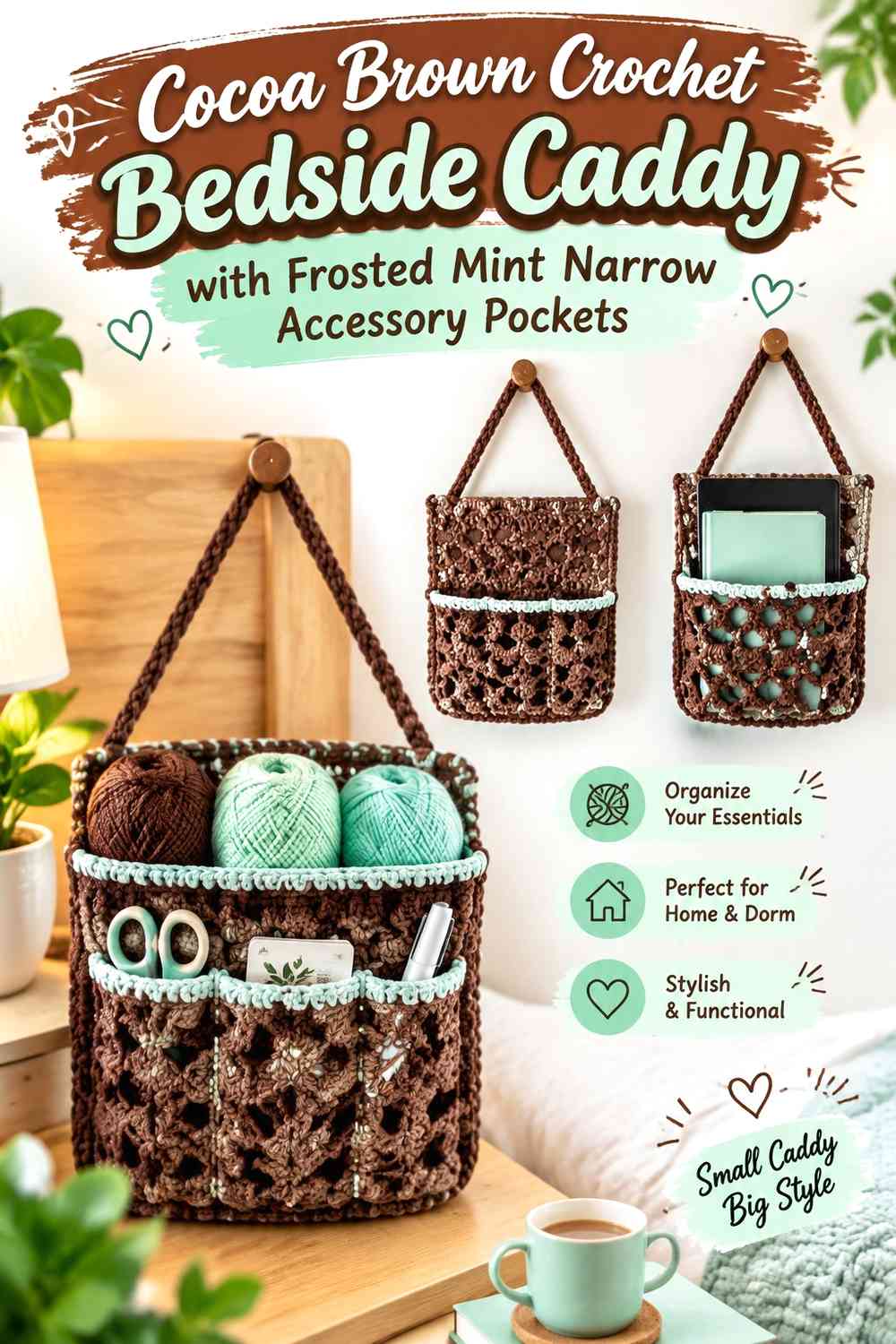 Cocoa Brown Crochet Bedside Caddy with Frosted Mint Narrow Accessory Pockets