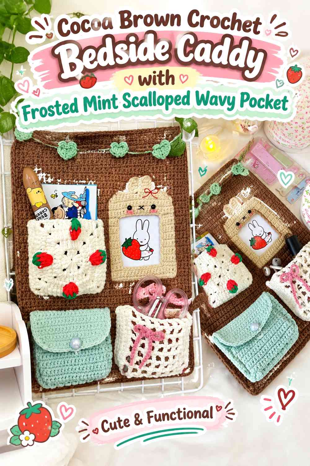 Cocoa Brown Crochet Bedside Caddy with Frosted Mint Scalloped Wavy Pocket