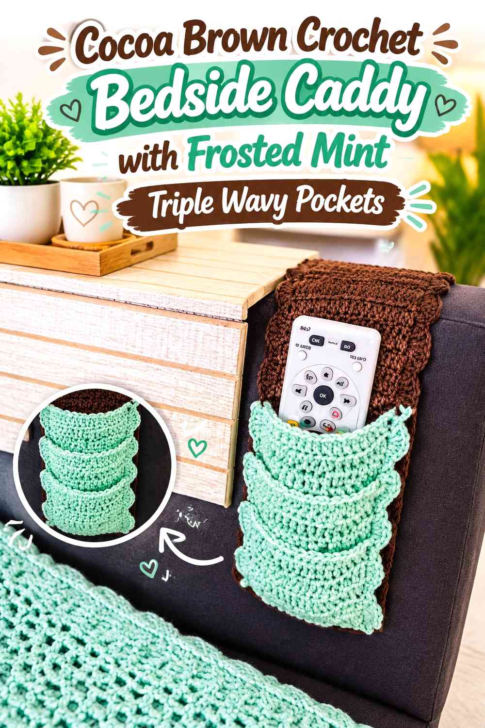 Cocoa Brown Crochet Bedside Caddy with Frosted Mint Triple Wavy Pockets