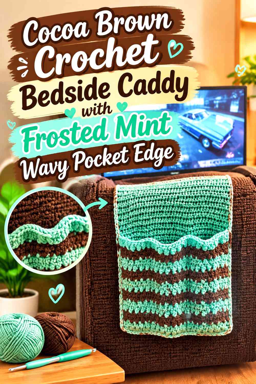 Cocoa Brown Crochet Bedside Caddy with Frosted Mint Wavy Pocket Edge
