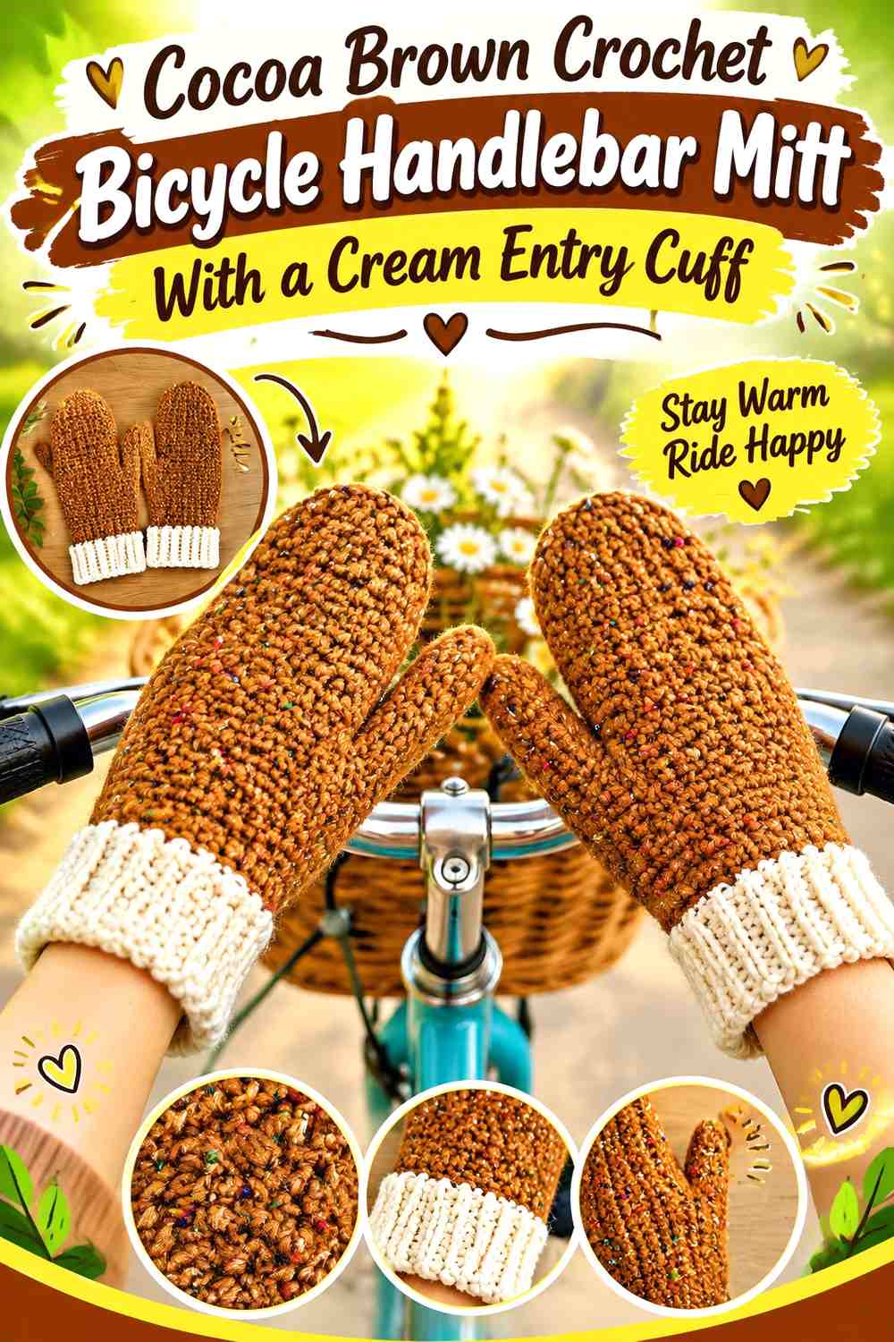 Cocoa Brown Crochet Bicycle Handlebar Mitt With a Cream Entry Cuff