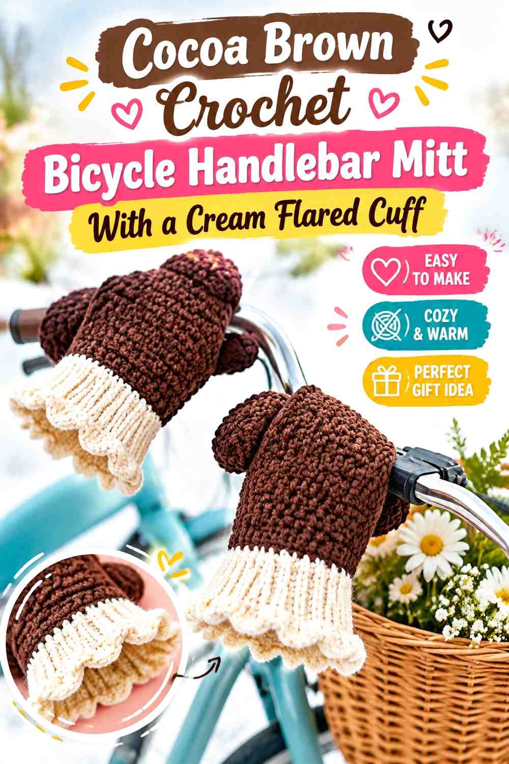 Cocoa Brown Crochet Bicycle Handlebar Mitt With a Cream Flared Cuff