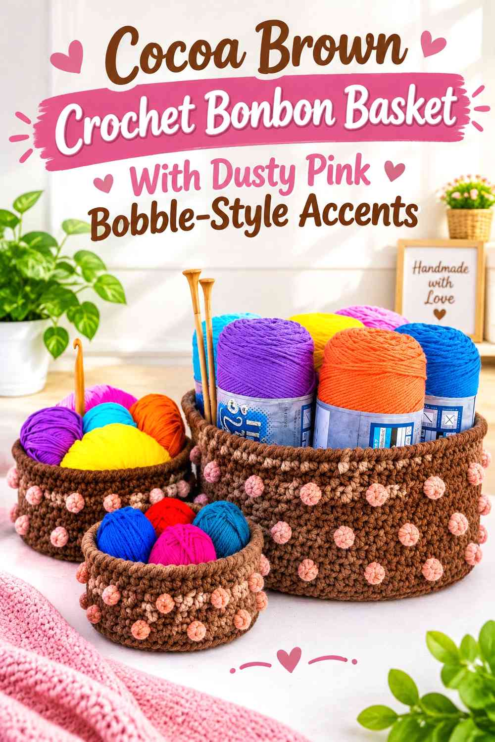 Cocoa Brown Crochet Bonbon Basket With Dusty Pink Bobble-Style Accents