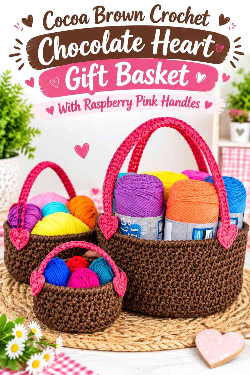 Cocoa Brown Crochet Chocolate Heart Gift Basket With Raspberry Pink Handles