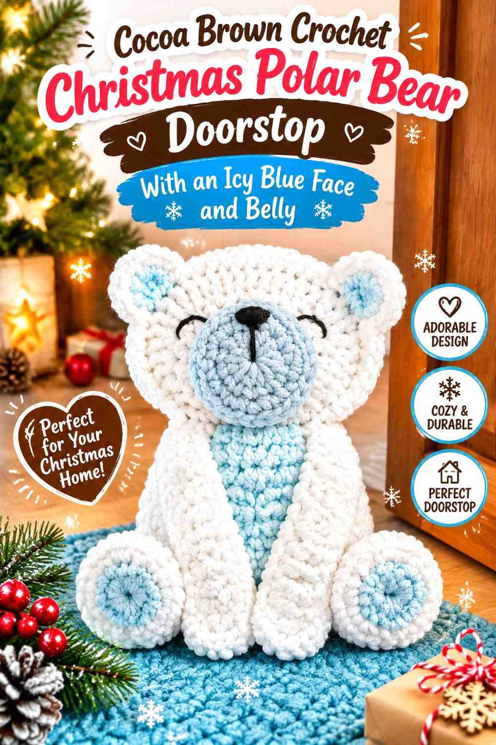 Cocoa Brown Crochet Christmas Polar Bear Doorstop With an Icy Blue Face and Belly
