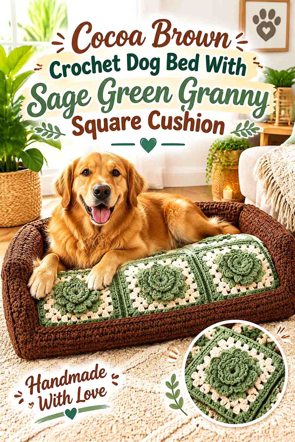 Cocoa Brown Crochet Dog Bed With Sage Green Granny Square Cushion