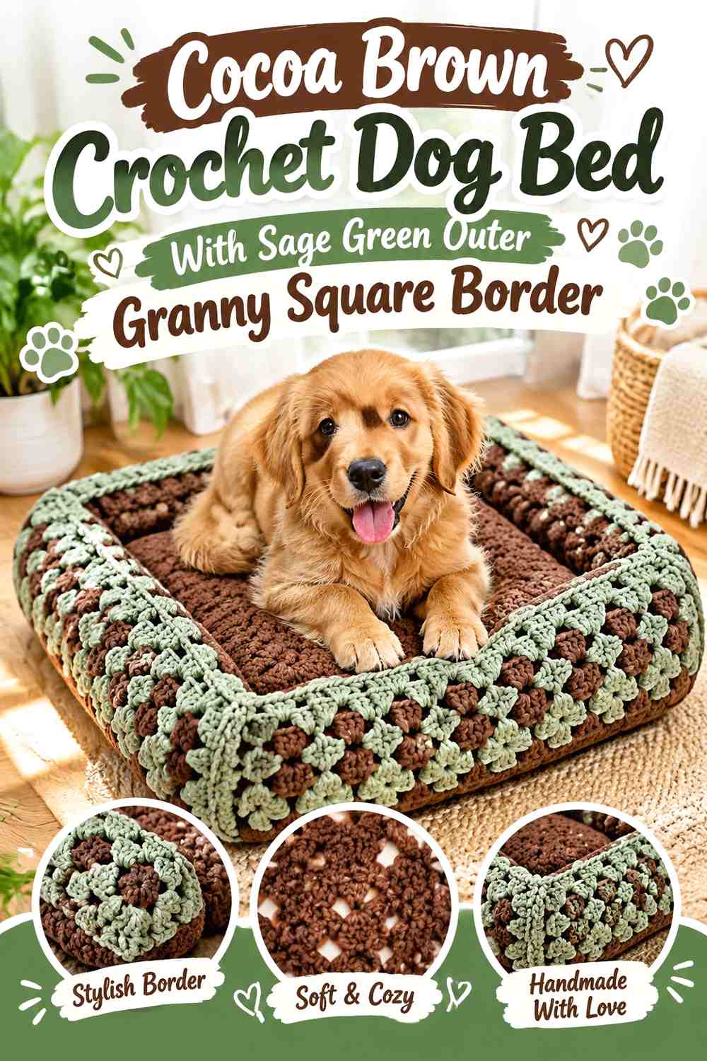 Cocoa Brown Crochet Dog Bed With Sage Green Outer Granny Square Border