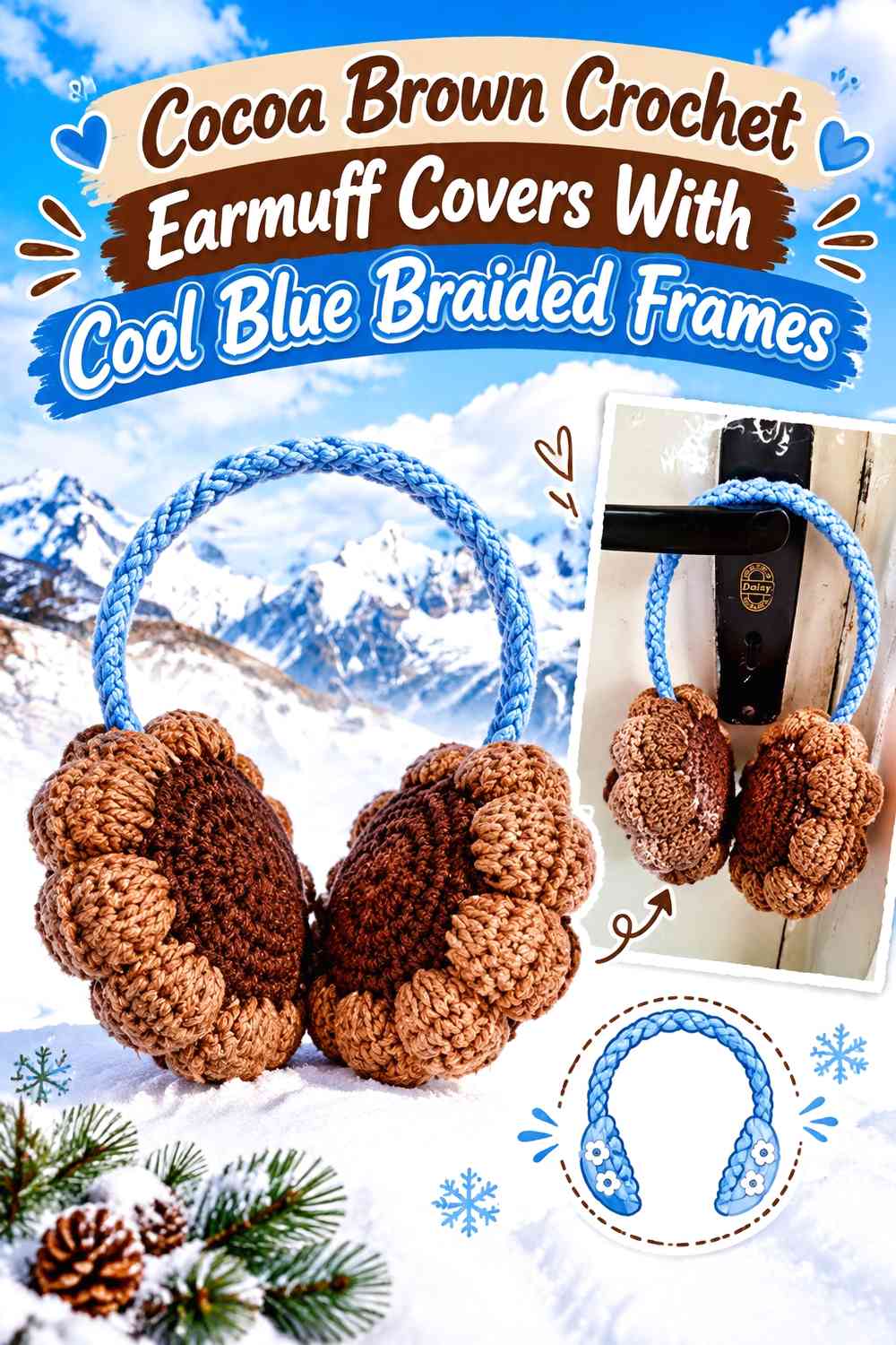 Cocoa Brown Crochet Earmuff Covers With Cool Blue Braided Frames