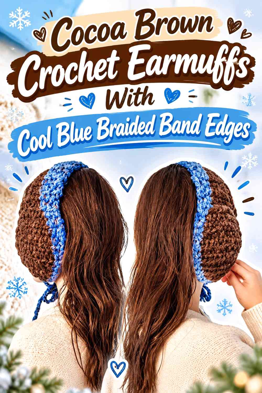 Cocoa Brown Crochet Earmuffs With Cool Blue Braided Band Edges