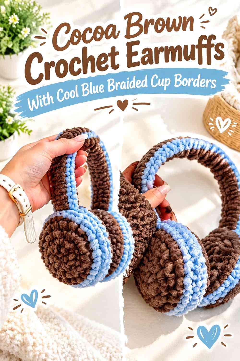 Cocoa Brown Crochet Earmuffs With Cool Blue Braided Cup Borders