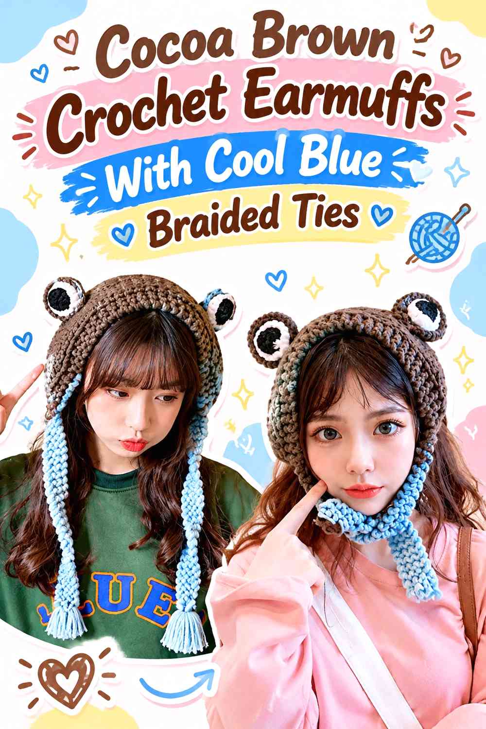 Cocoa Brown Crochet Earmuffs With Cool Blue Braided Ties