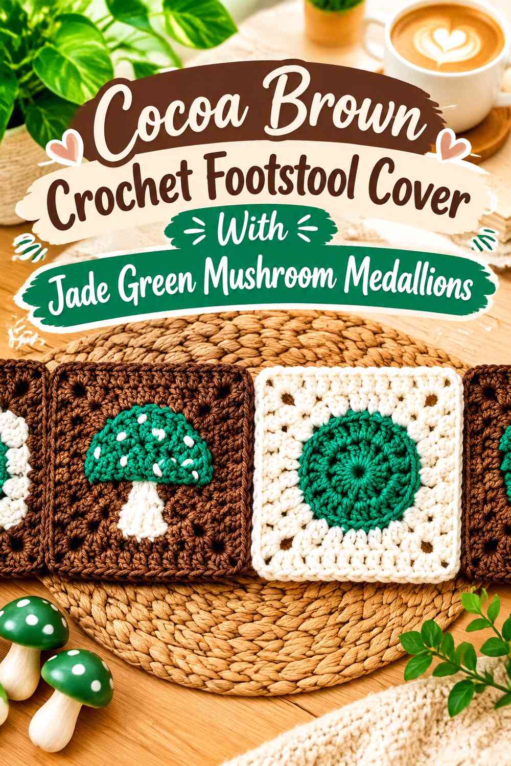 Cocoa Brown Crochet Footstool Cover With Jade Green Mushroom Medallions