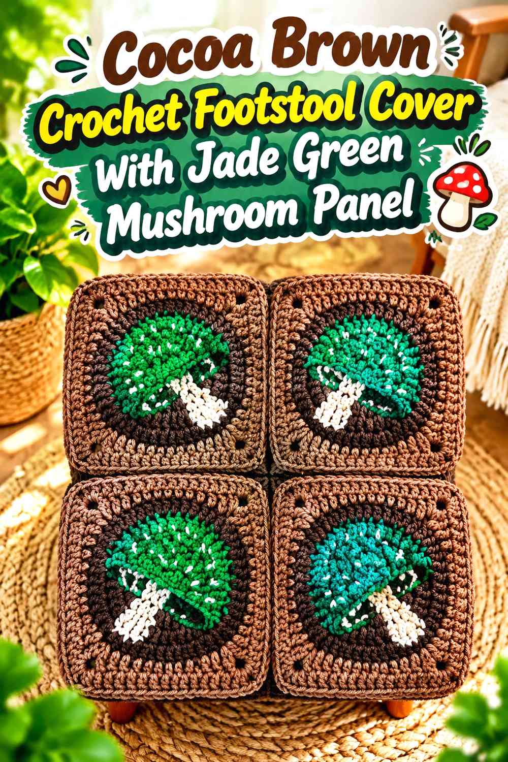 Cocoa Brown Crochet Footstool Cover With Jade Green Mushroom Panel