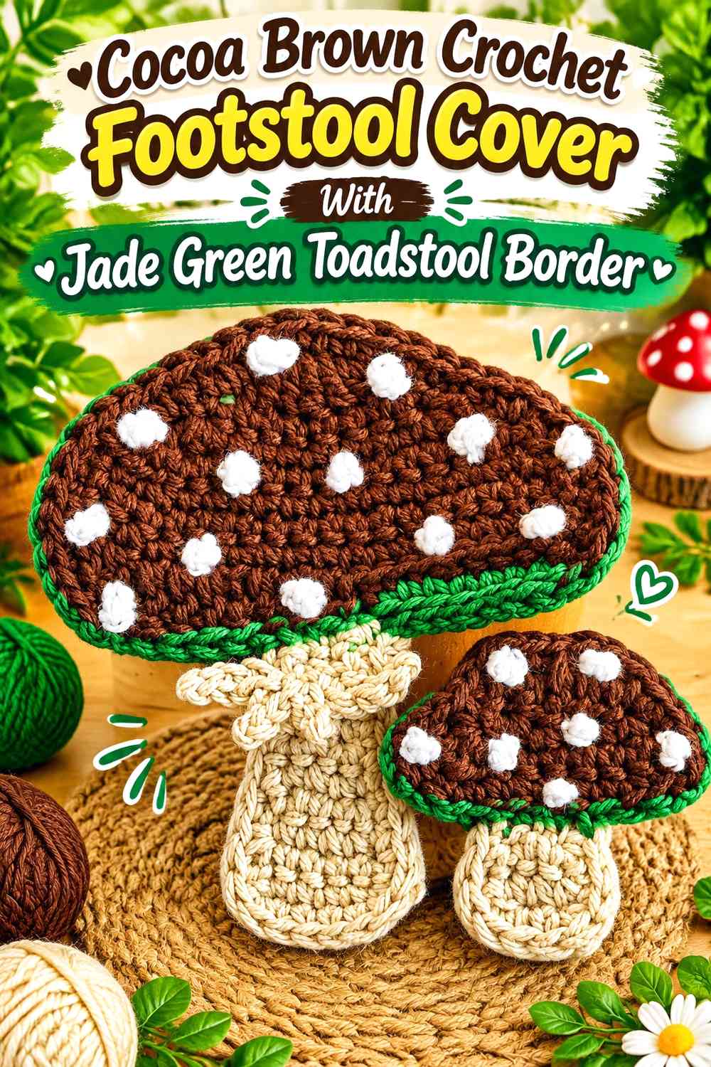 Cocoa Brown Crochet Footstool Cover With Jade Green Toadstool Border