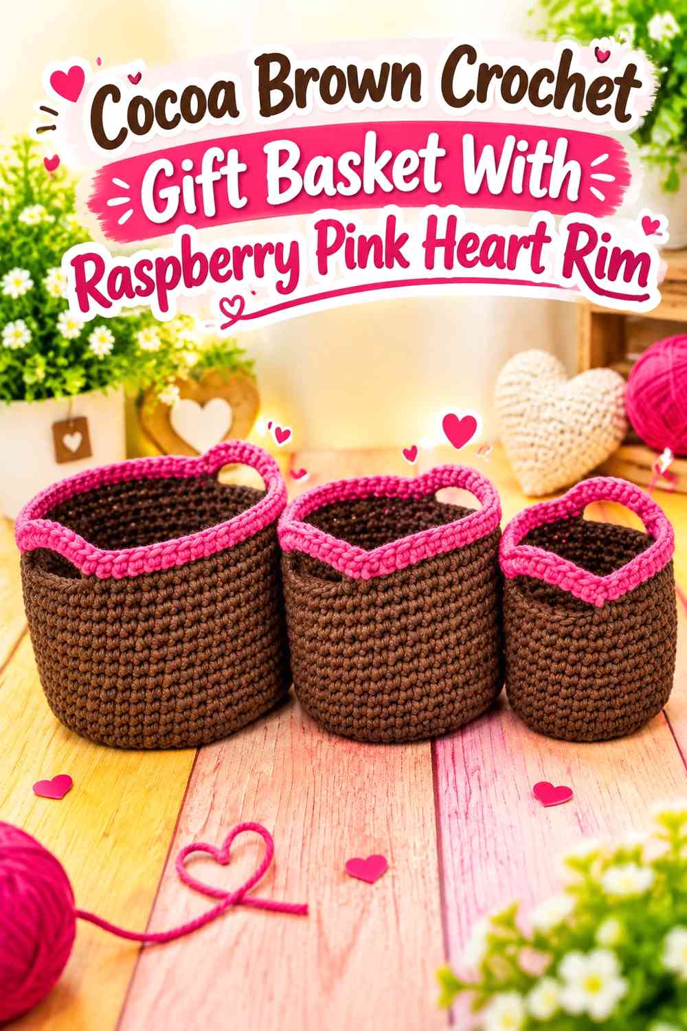 Cocoa Brown Crochet Gift Basket With Raspberry Pink Heart Rim