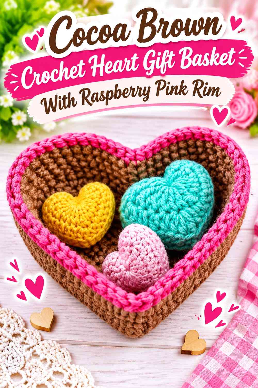 Cocoa Brown Crochet Heart Gift Basket With Raspberry Pink Rim