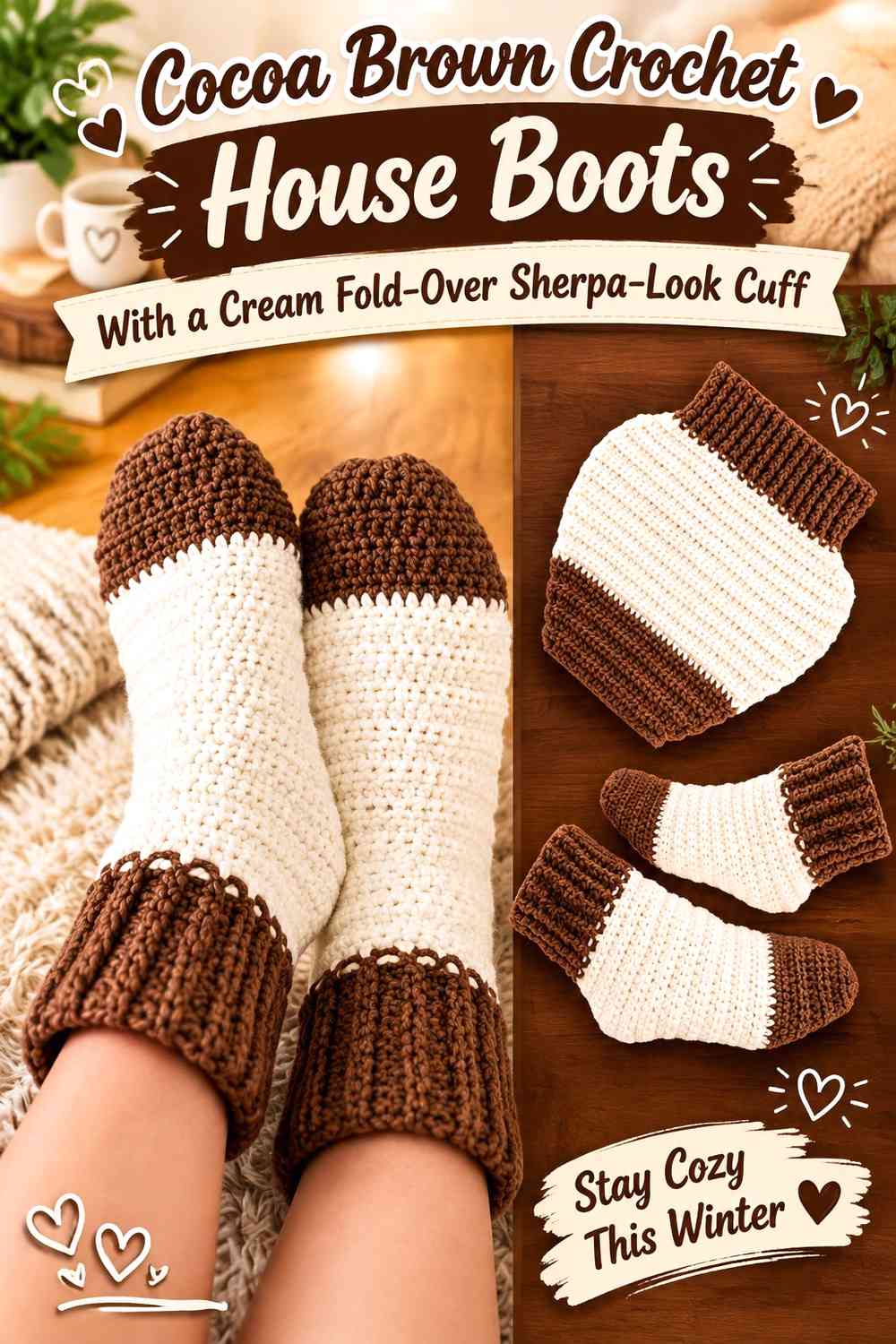 Cocoa Brown Crochet House Boots With a Cream Fold-Over Sherpa-Look Cuff