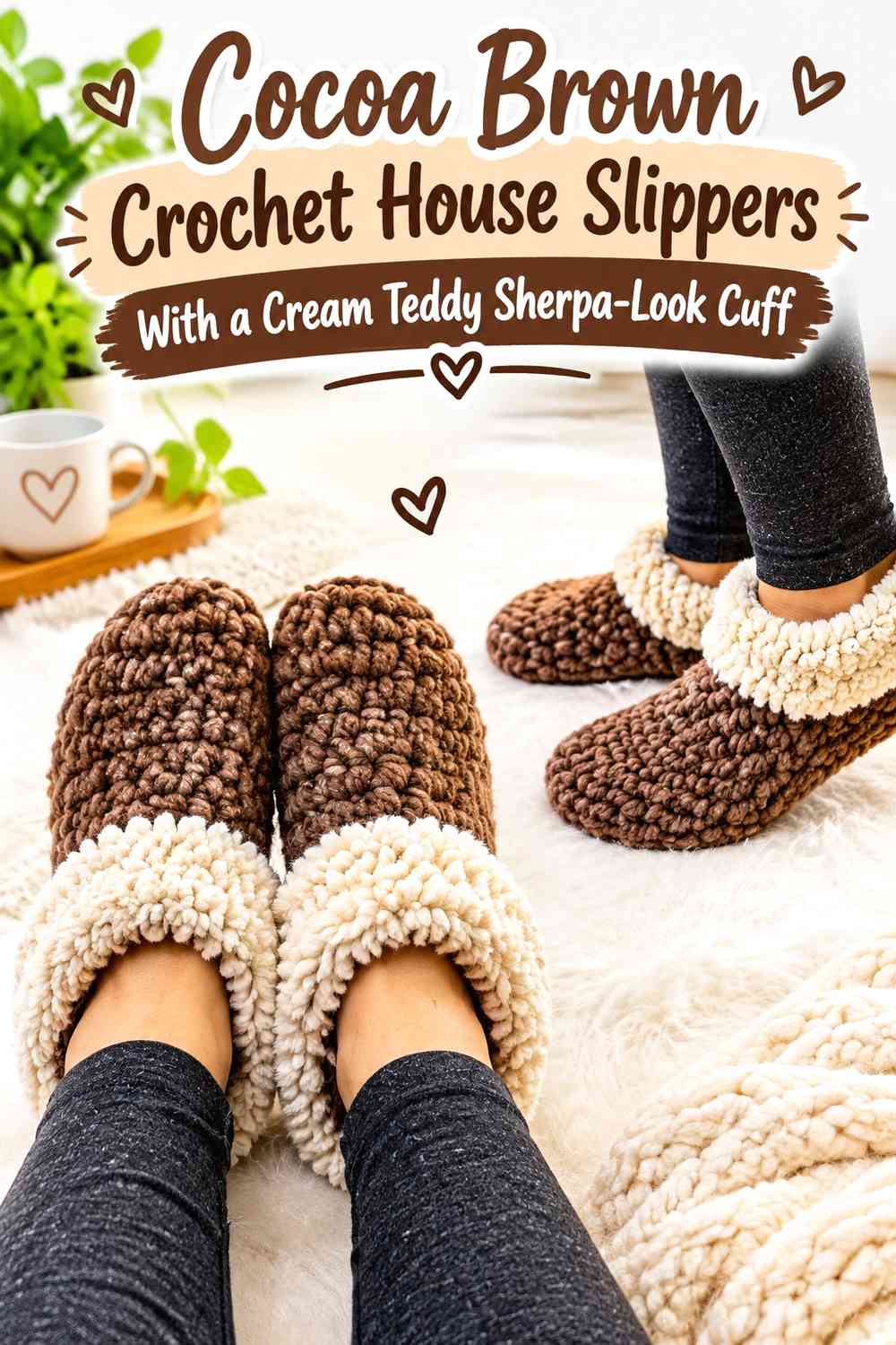 Cocoa Brown Crochet House Slippers With a Cream Teddy Sherpa-Look Cuff