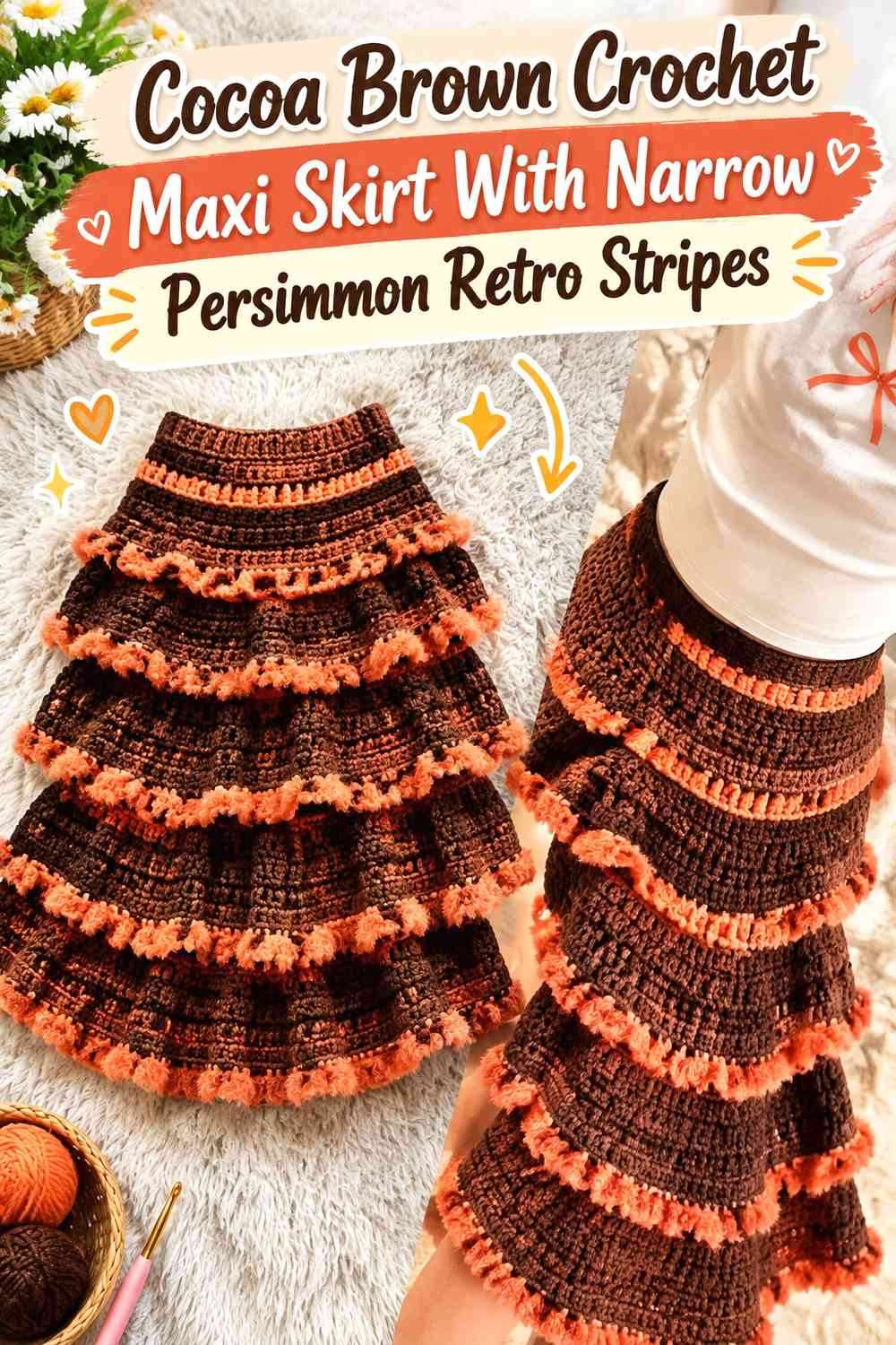 Cocoa Brown Crochet Maxi Skirt With Narrow Persimmon Retro Stripes