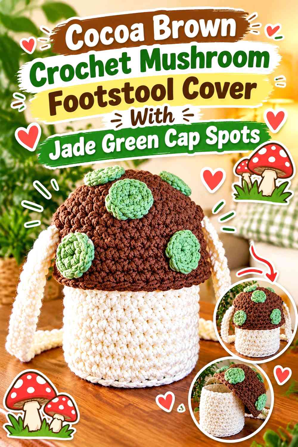 Cocoa Brown Crochet Mushroom Footstool Cover With Jade Green Cap Spots