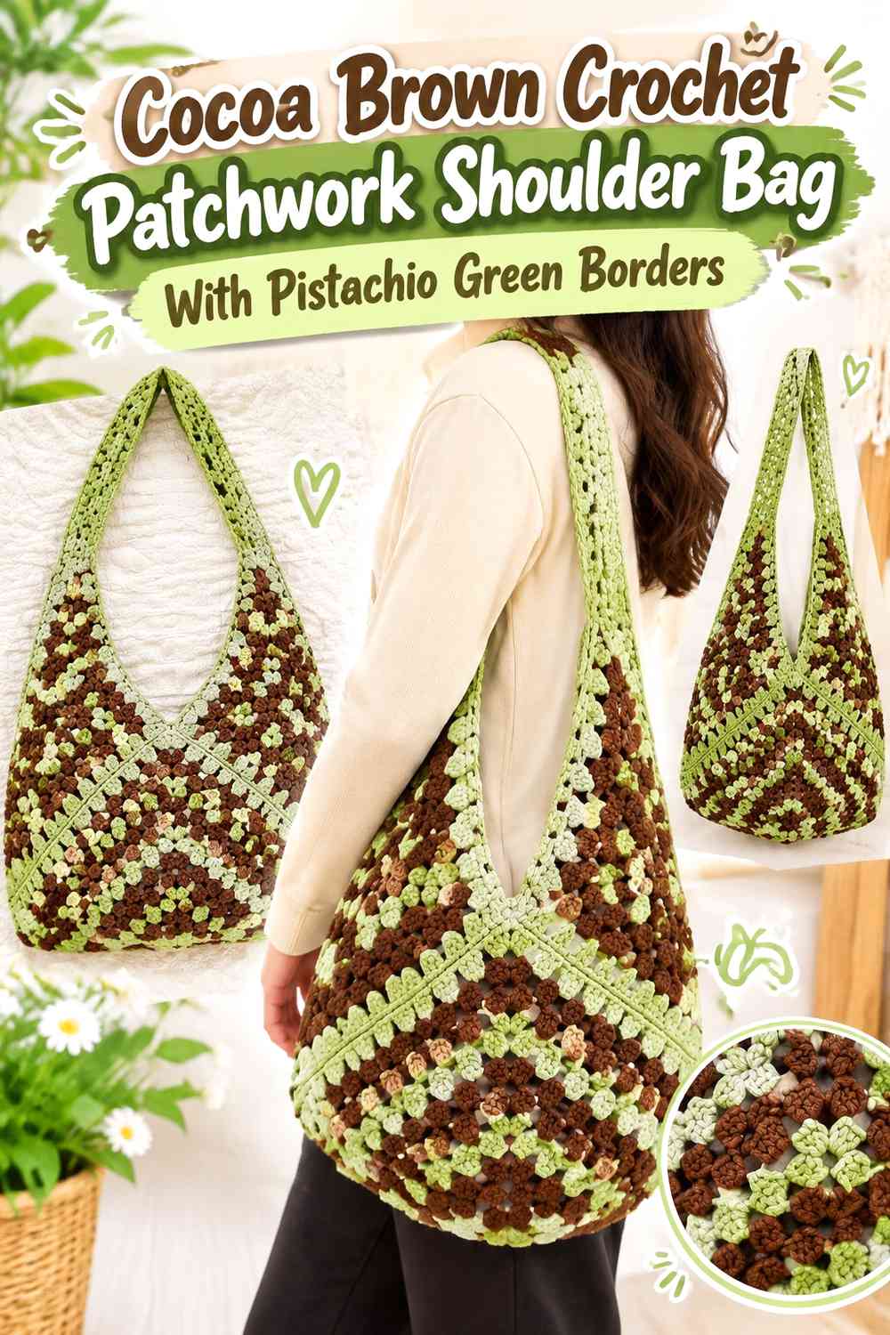 Cocoa Brown Crochet Patchwork Shoulder Bag With Pistachio Green Borders