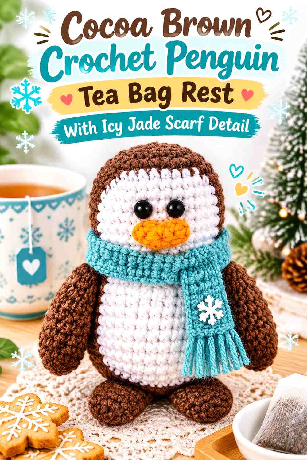 Cocoa Brown Crochet Penguin Tea Bag Rest With Icy Jade Scarf Detail