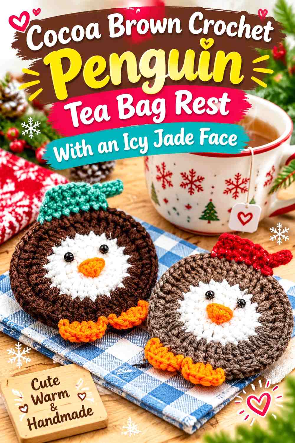 Cocoa Brown Crochet Penguin Tea Bag Rest With an Icy Jade Face