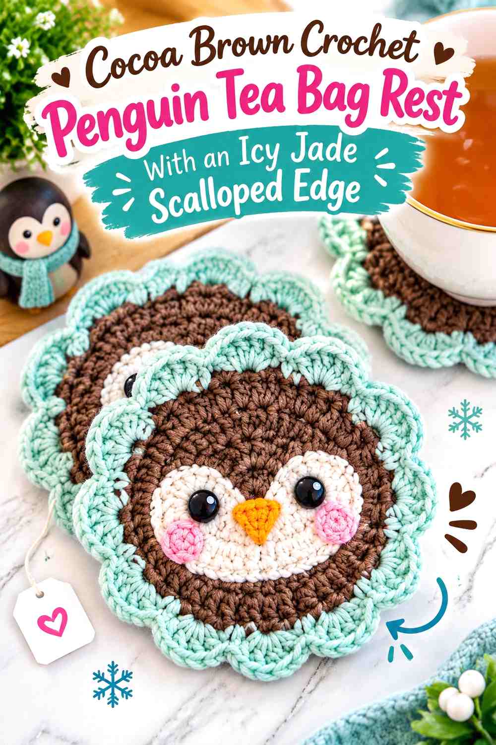 Cocoa Brown Crochet Penguin Tea Bag Rest With an Icy Jade Scalloped Edge