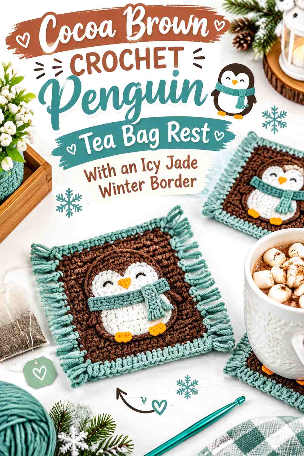 Cocoa Brown Crochet Penguin Tea Bag Rest With an Icy Jade Winter Border